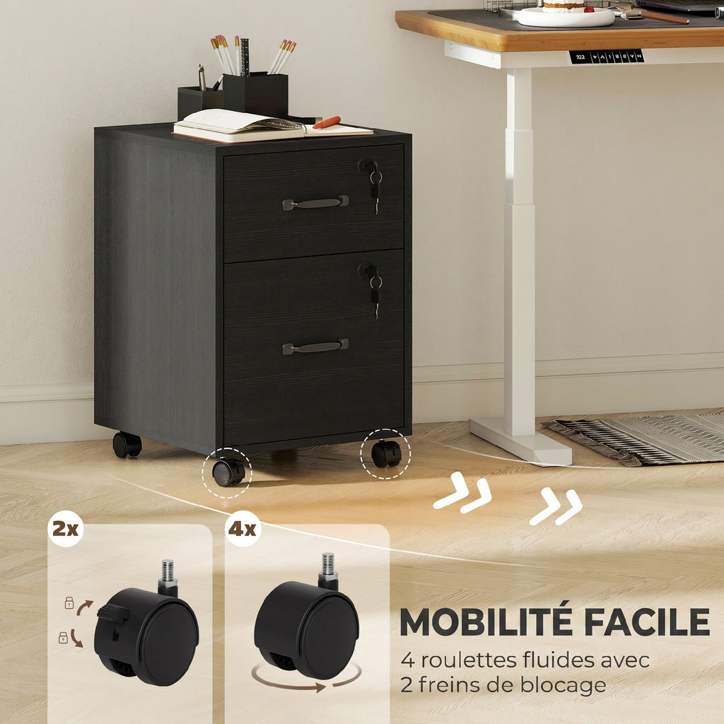 Caisson bureau mobile à 2 tiroirs, meuble rangement bureau sur roulettes pour documents suspendus format lettre, noir-5