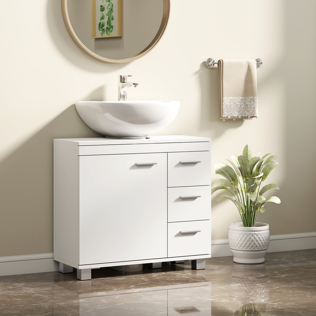 Meuble sous lavabo, meuble de salle de bain avec 3 tiroirs et porte à fermeture amortie, 70 x 30 x 64 cm, blanc-1