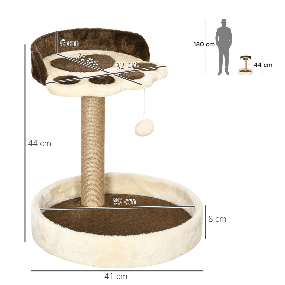 Arbre à chat griffoir grattoir en forme de patte 2 plateformes et un pompon suspendu hauteur 44 cm marron-2