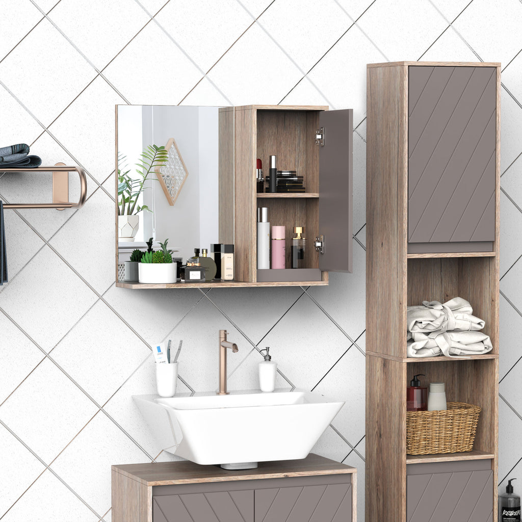 Miroir de Salle de Bain avec étagère et Placard - système Fixation intégré - Panneaux Particules chêne Clair Gris-7