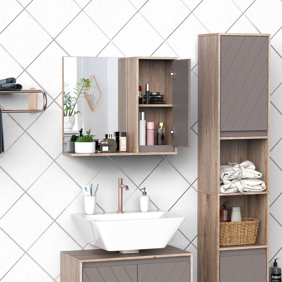 Miroir de Salle de Bain avec étagère et Placard - système Fixation intégré - Panneaux Particules chêne Clair Gris-7