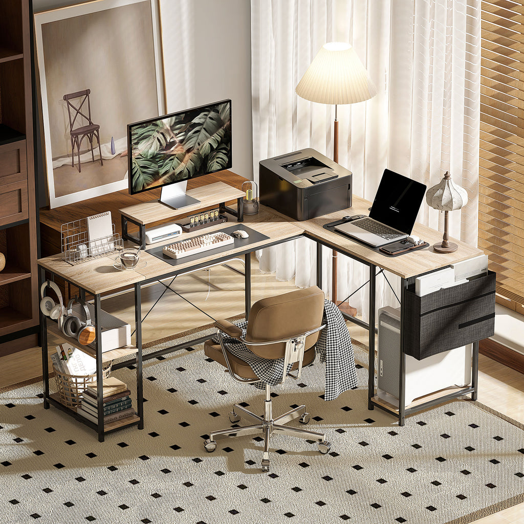 Bureau d'angle modulable réversible 168-240 cm style industriel - étagère réglable, sac de rangement, support d'écran-9