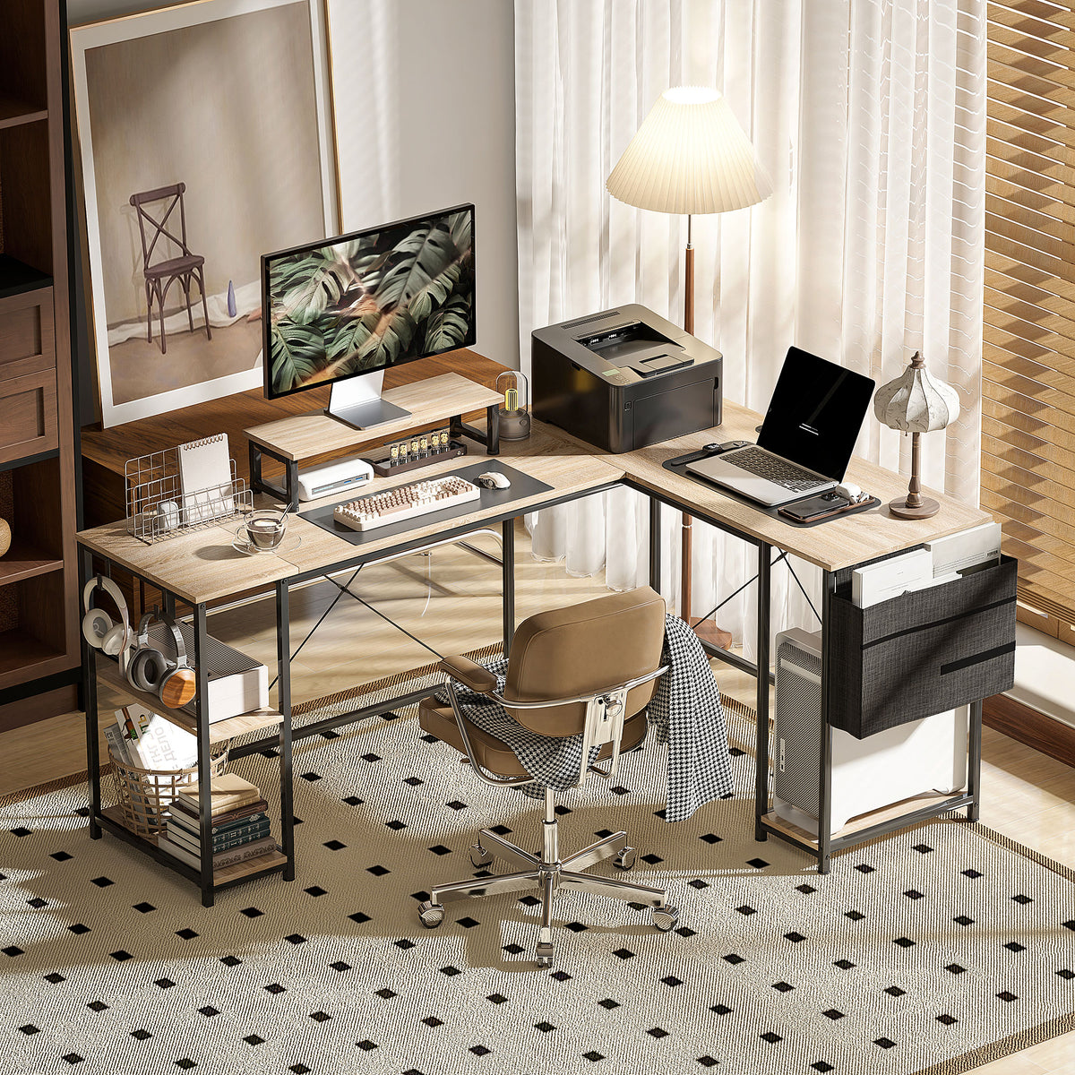 Bureau d'angle modulable réversible 168-240 cm style industriel - étagère réglable, sac de rangement, support d'écran-9