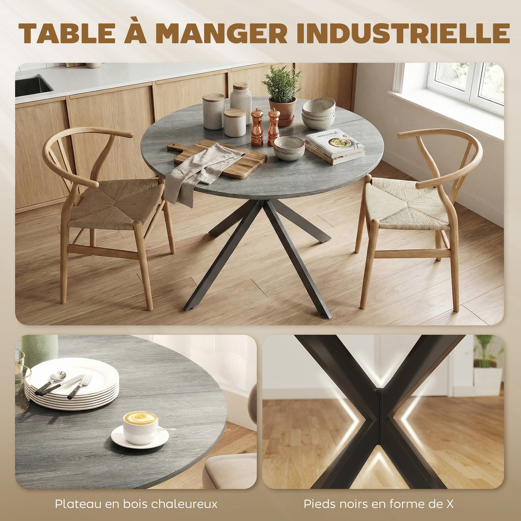 Table à Manger Ronde pour 4 Personnes 100 cm, Style Industriel avec Plateau Aspect Bois, Piètement Croisé en Acier, Gris-3