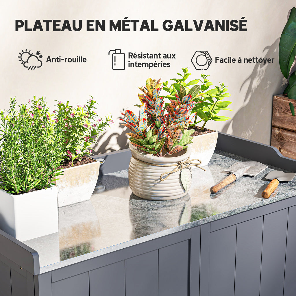 Armoire de rangement de jardin sur pied, table de rempotage 2 en 1 double porte, étagère, plateau métal galvanisé - gris-4