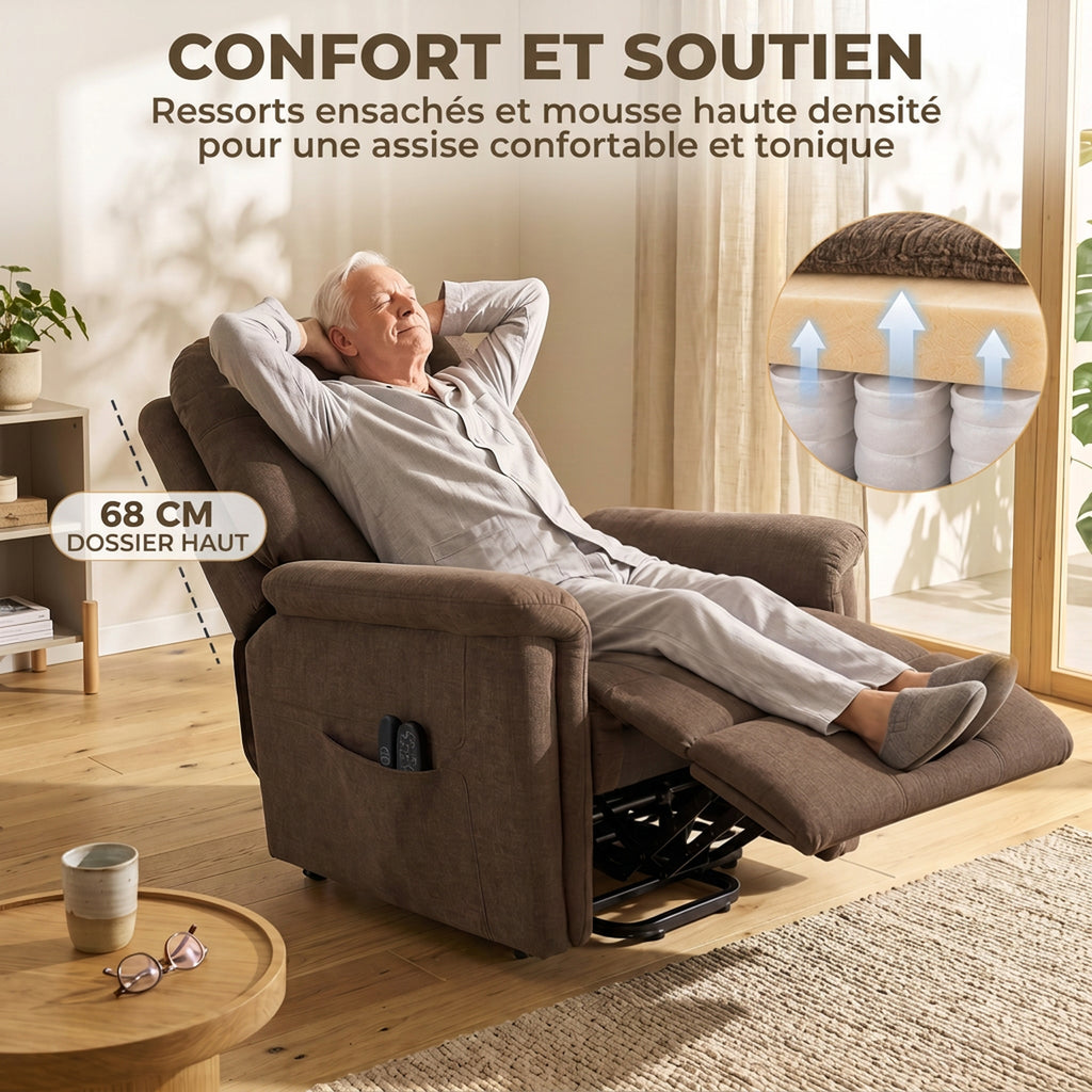 Fauteuil Releveur Électrique Massage et Chaleur Fauteuil Relax Électrique Velours Port USB Dossier Inclinable Marron-5