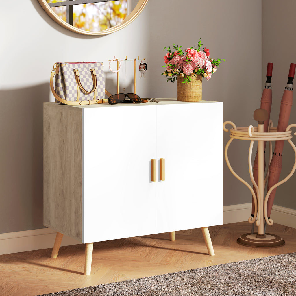 Buffet meuble de rangement avec poignées en bambou étagère ajustable base surélevée 76 x 41,2 x 74 cm blanc bois naturel-7