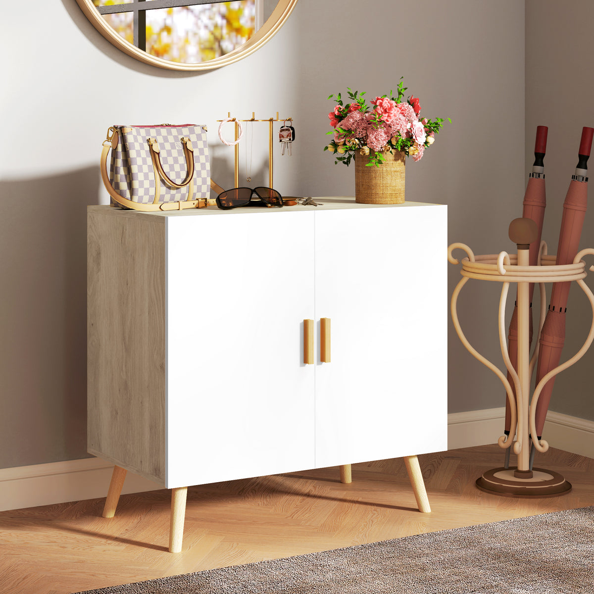 Buffet meuble de rangement avec poignées en bambou étagère ajustable base surélevée 76 x 41,2 x 74 cm blanc bois naturel-7