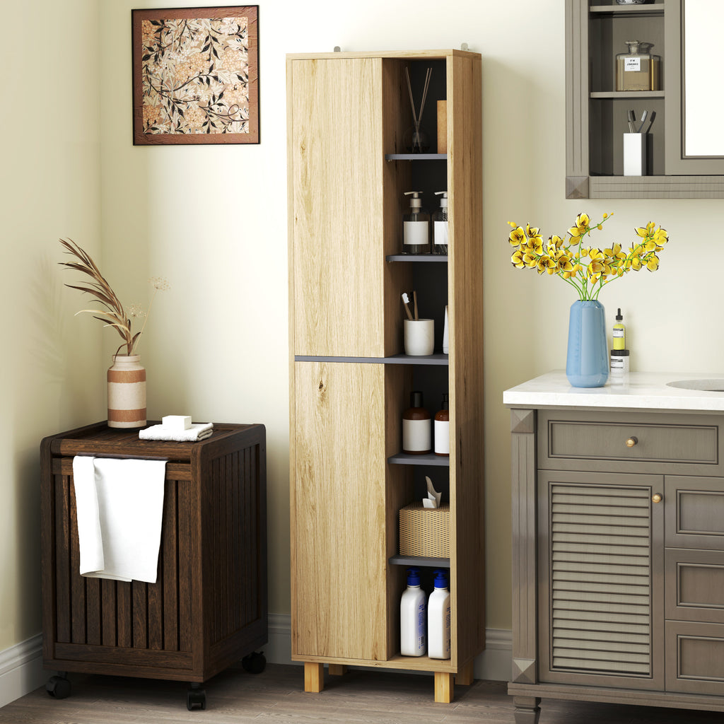 Meuble colonne salle de bain, armoire de salle de bain avec 6 compartiments ouverts et 2 placards, bois naturel-7