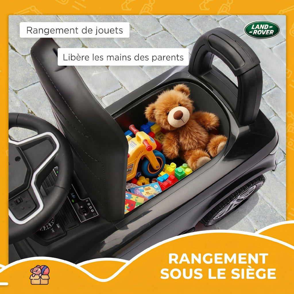 Porteur enfants voiture sous licence Land Rover, véhicule à pousser, klaxon, sons de moteur, rangement sous siège, noir-6