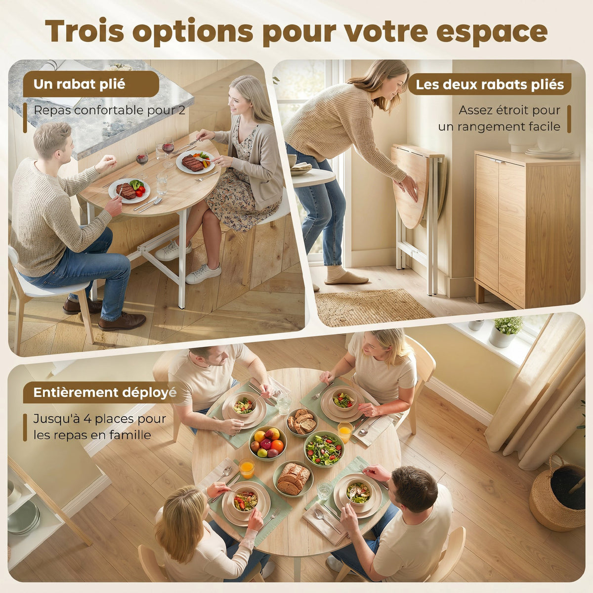Table à manger pliante, table de cuisine ronde Ø 80 cm pour 4 personnes avec 2 abattants, pieds en acier, bois naturel-3