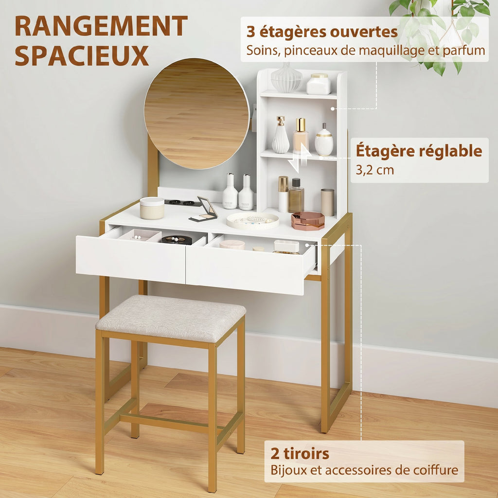 Coiffeuse avec miroir et tabouret, station de charge, table de maquillage avec 2 tiroirs, 3 étagères ouvertes, blanc-5