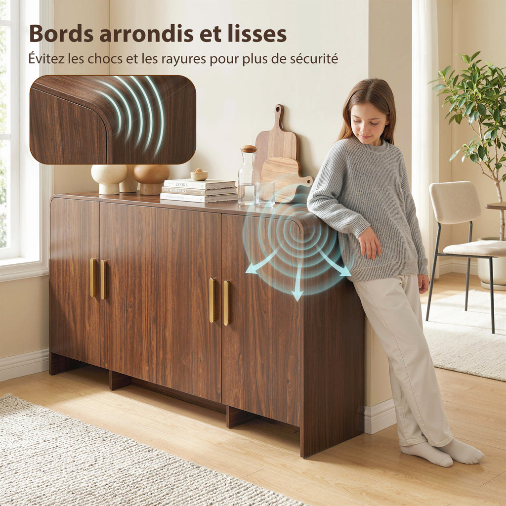 Buffet cuisine, meuble de rangement avec 4 portes à fermeture douce, 4 compartiments et bords arrondis, 152x40x80cm, noyer-3