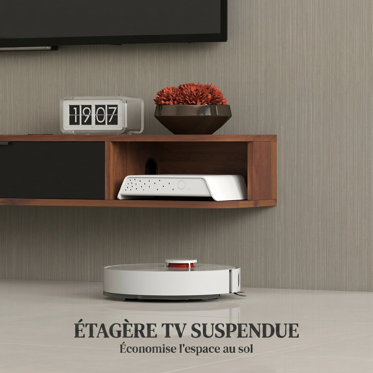 Meuble TV Suspendu, Meuble Télé pour Téléviseur jusqu'à 50 Pouces, Tiroir Rabattable, 2 Étagères, 120x24x16cm, Noyer-3