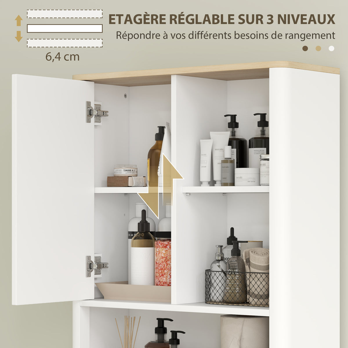 Meuble de rangement au-dessus des toilettes avec porte cannelée, compartiments, étagère réglable, 65x25x170cm, blanc-5
