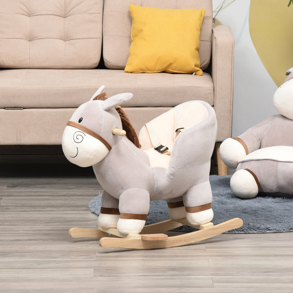 Cheval à Bascule modèle âne Fonction Musicale Selle Grand Confort Peluche Courte Douce Bois peuplier Gris dim. 61L x 34l x 58H cm-1