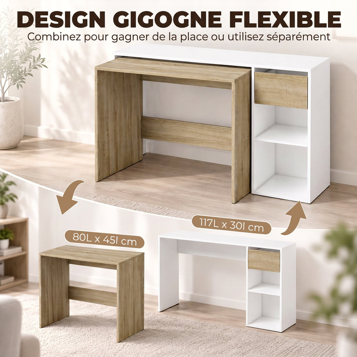 Bureau d'Ordinateur Gigogne Lot de 2, Bureau Informatique 80/117 cm avec Tiroir et Étagères Ouvertes, Blanc et Chêne-3