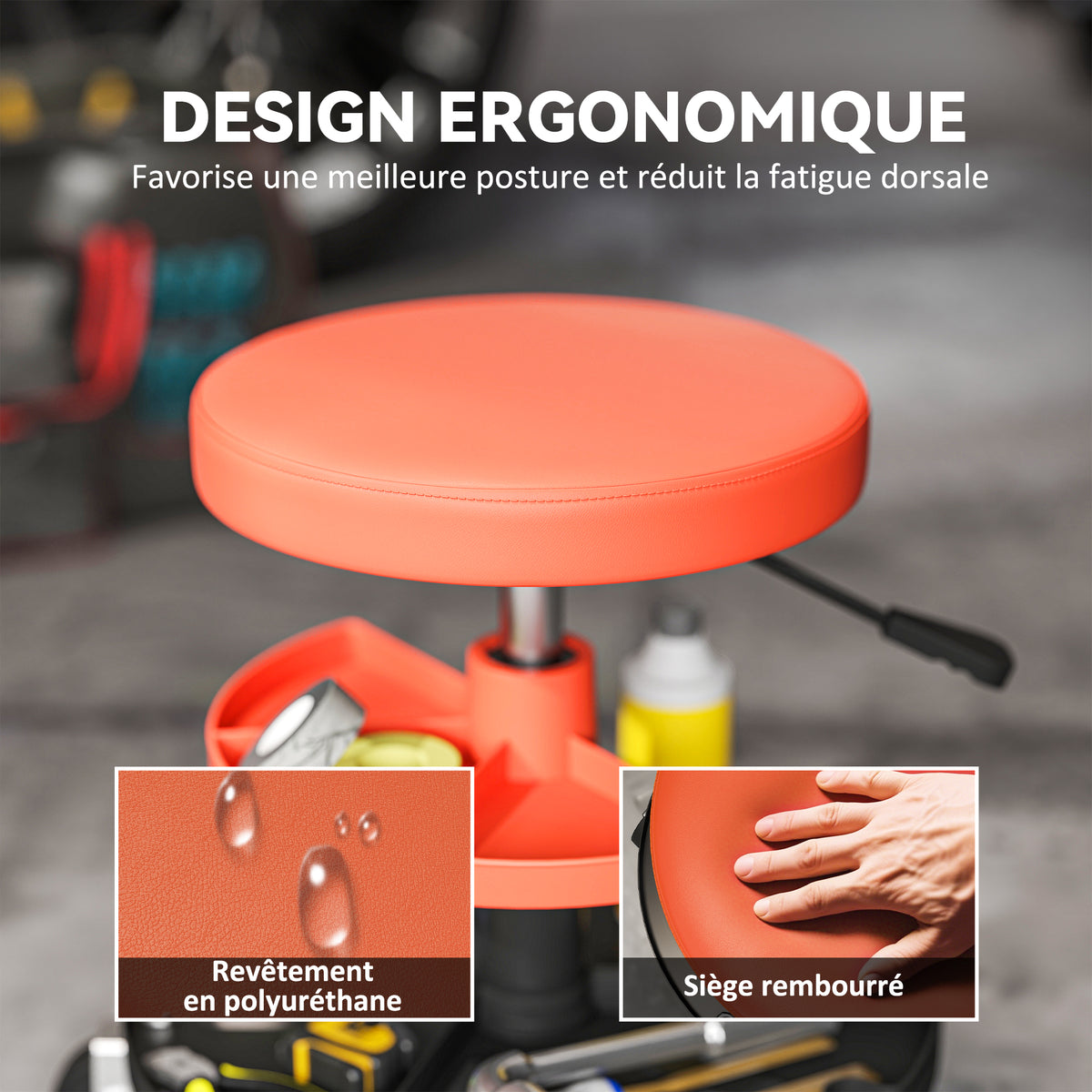 Tabouret d'atelier à roulettes, tabouret de mécanicien avec hauteur réglable 40-51 cm, 2 étagères 38x38x51cm, orange-5