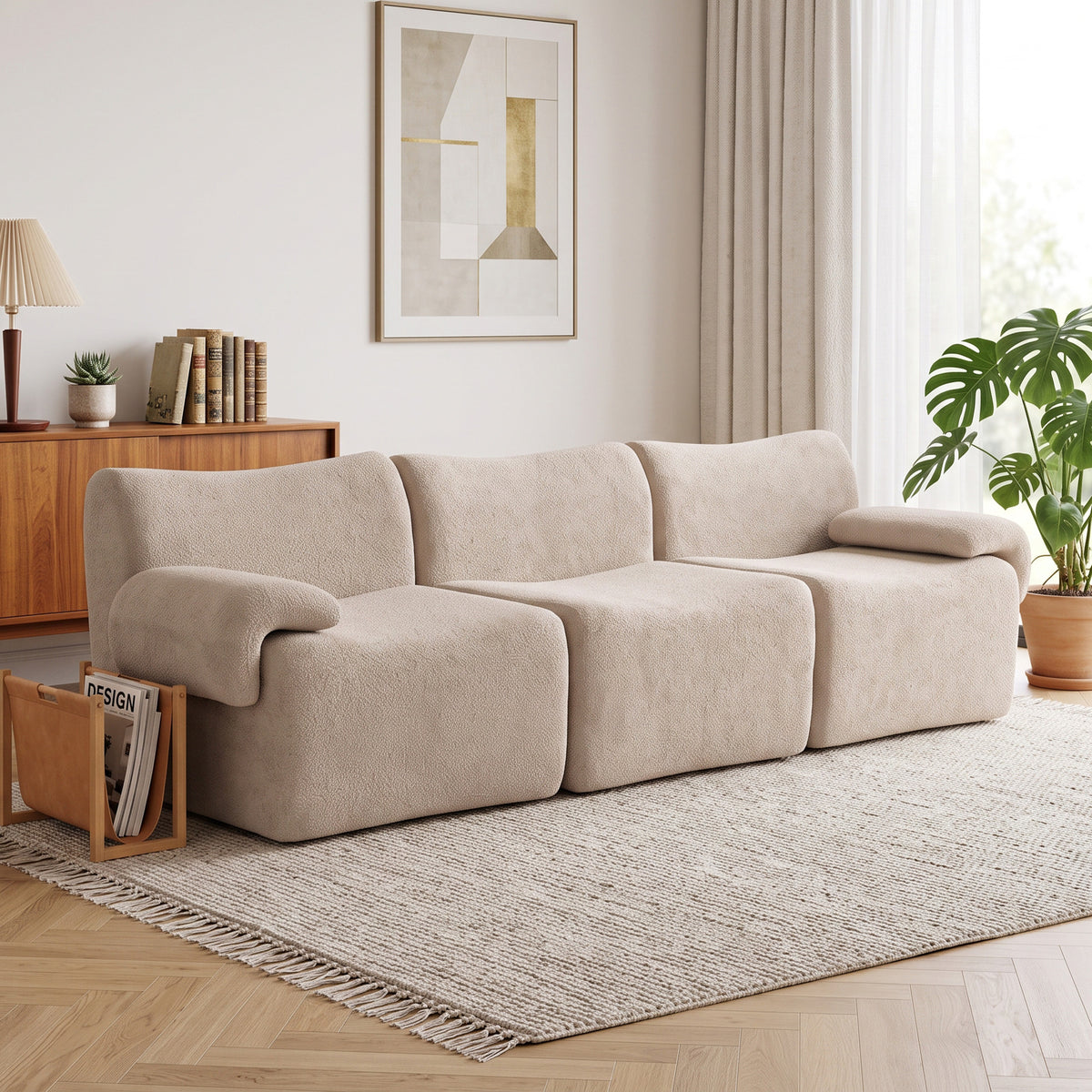 Canapé 3 Places Modulable 277 cm, Canapé Salon Compressé en Chenille Moderne, Assise Profonde, Accoudoirs Larges, Beige-1