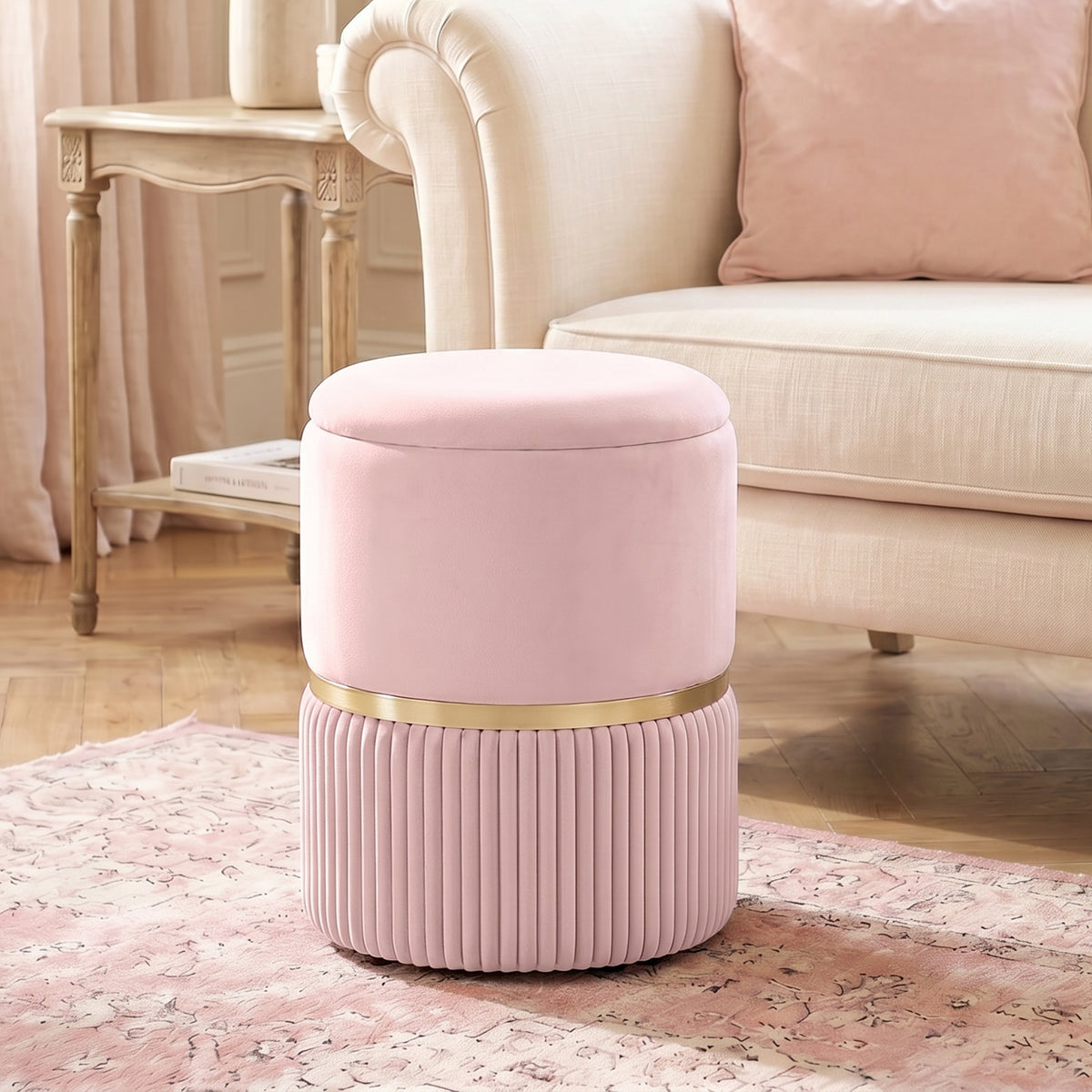 Pouf tabouret repose-pied coffre de rangement en velours côtelé 36 x 36 x 44 cm pour salon chambre rose-1