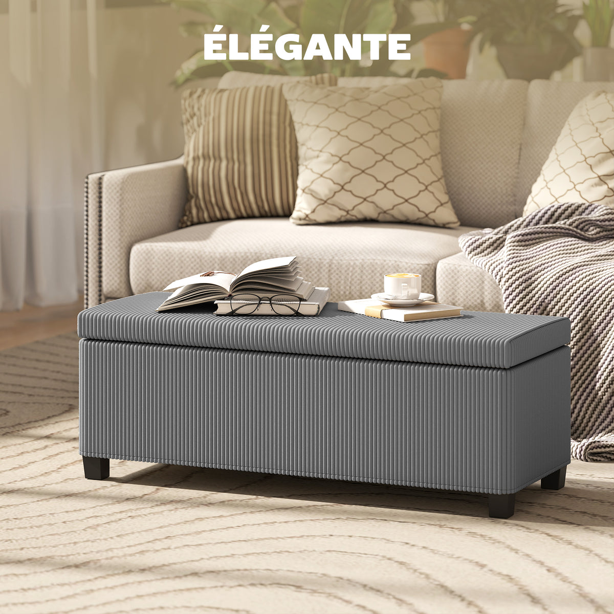 Banc de rangement bout de lit en velours côtelé avec couvercle, pour salon, chambre, entrée, 112 x 42 x 40 cm, gris-3