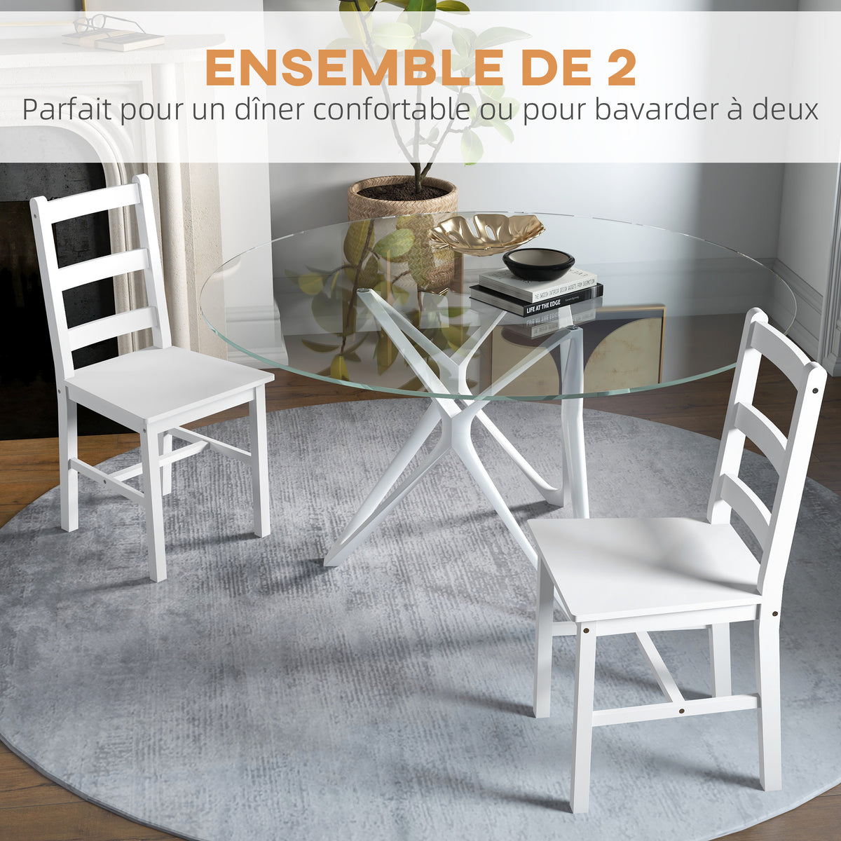 Lot de 2 chaises de salle à manger en bois massif de pin chaise de cuisine dossier lattes esprit campagne blanc-3