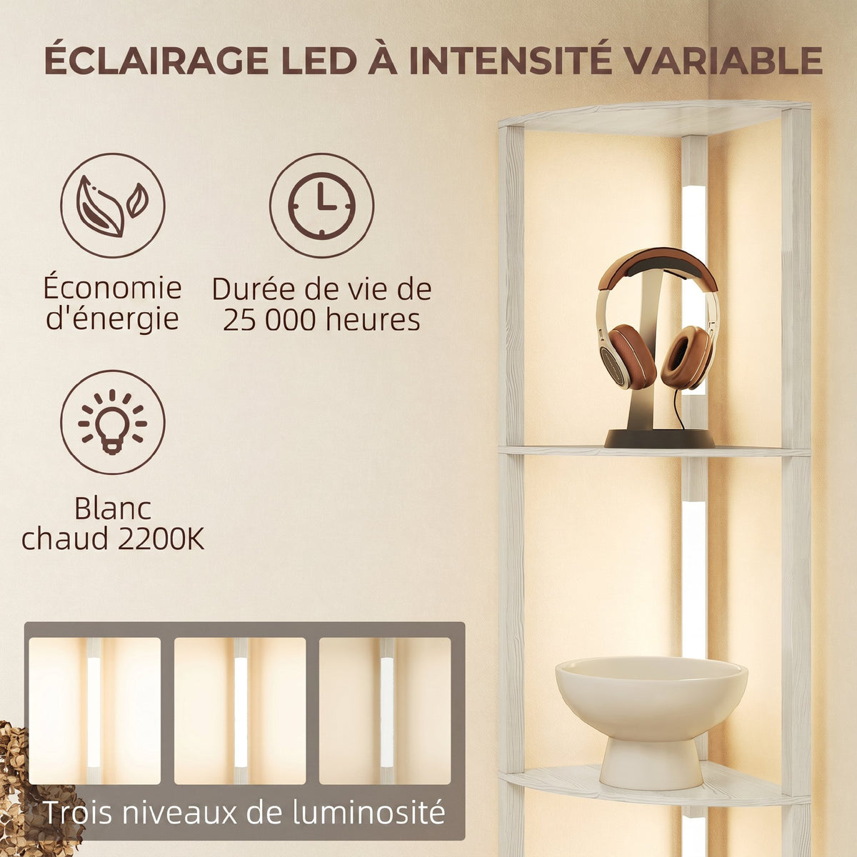 Lampadaire sur Pied Salon, Lampadaire avec Étagères d'Angle à 4 Niveaux, Lampe LED Dimmable, 41x29,5x163,5cm, Chêne-4