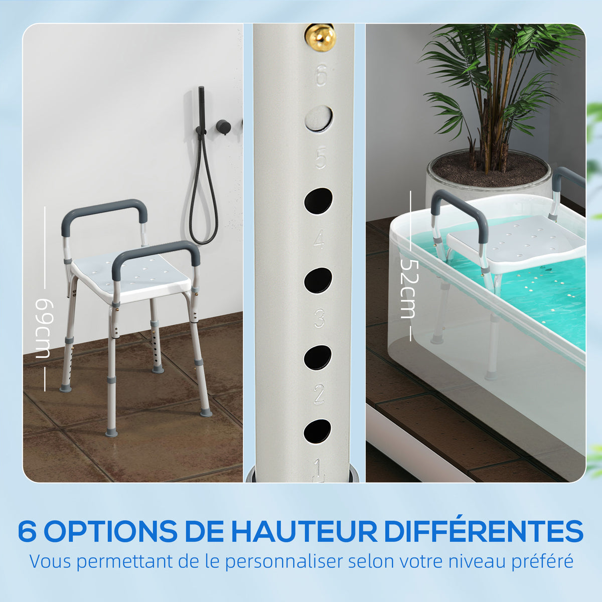 Tabouret de douche pour personnes âgées et handicapées avec accoudoirs, hauteur réglable, patins antidérapants, bleu-3