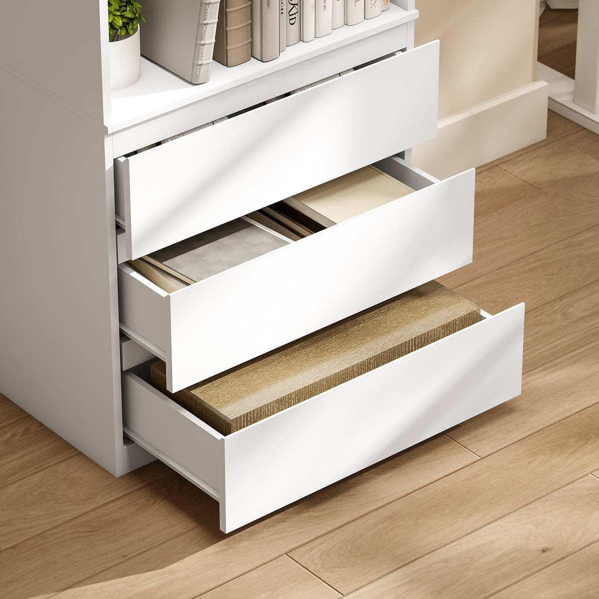 Bibliothèque haute de 180 cm avec 3 étagères et 3 tiroirs 60 x 35 x 180 cm en bois blanc-8