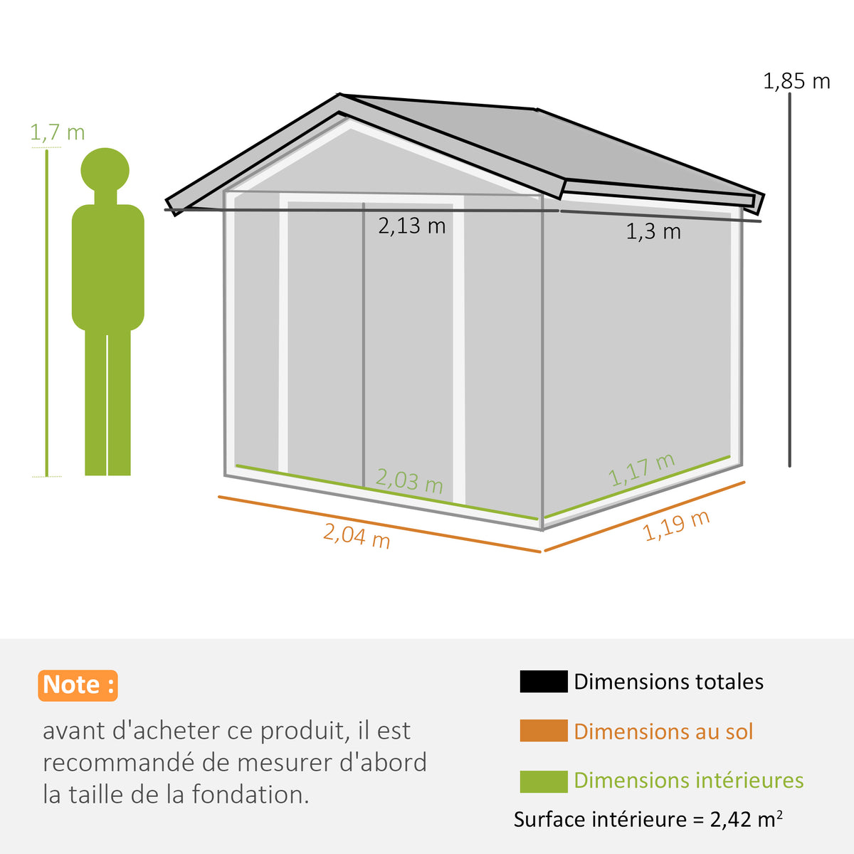 Abri de Jardin 2,42 m² - Remise pour Outils avec Fondation - cabanon Porte verrouillable - tôle d'acier Vert clair-2