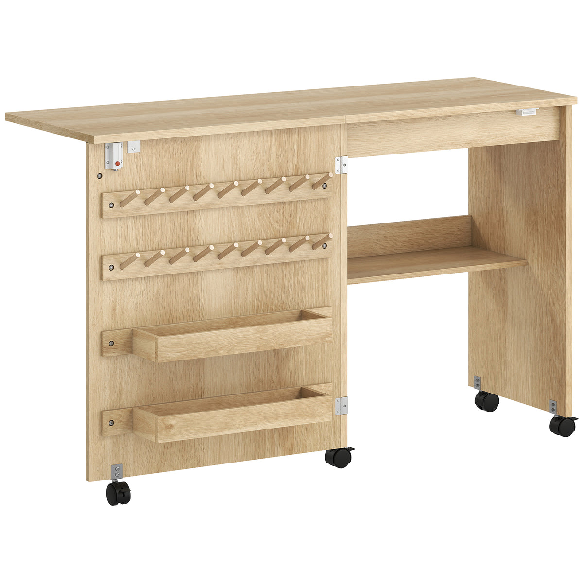 Table de Couture Pliante, Meuble Couture Roulant, Porte Magnétique de Grange, 2 Bacs, Étagère, 18 Chevilles, Naturel-0