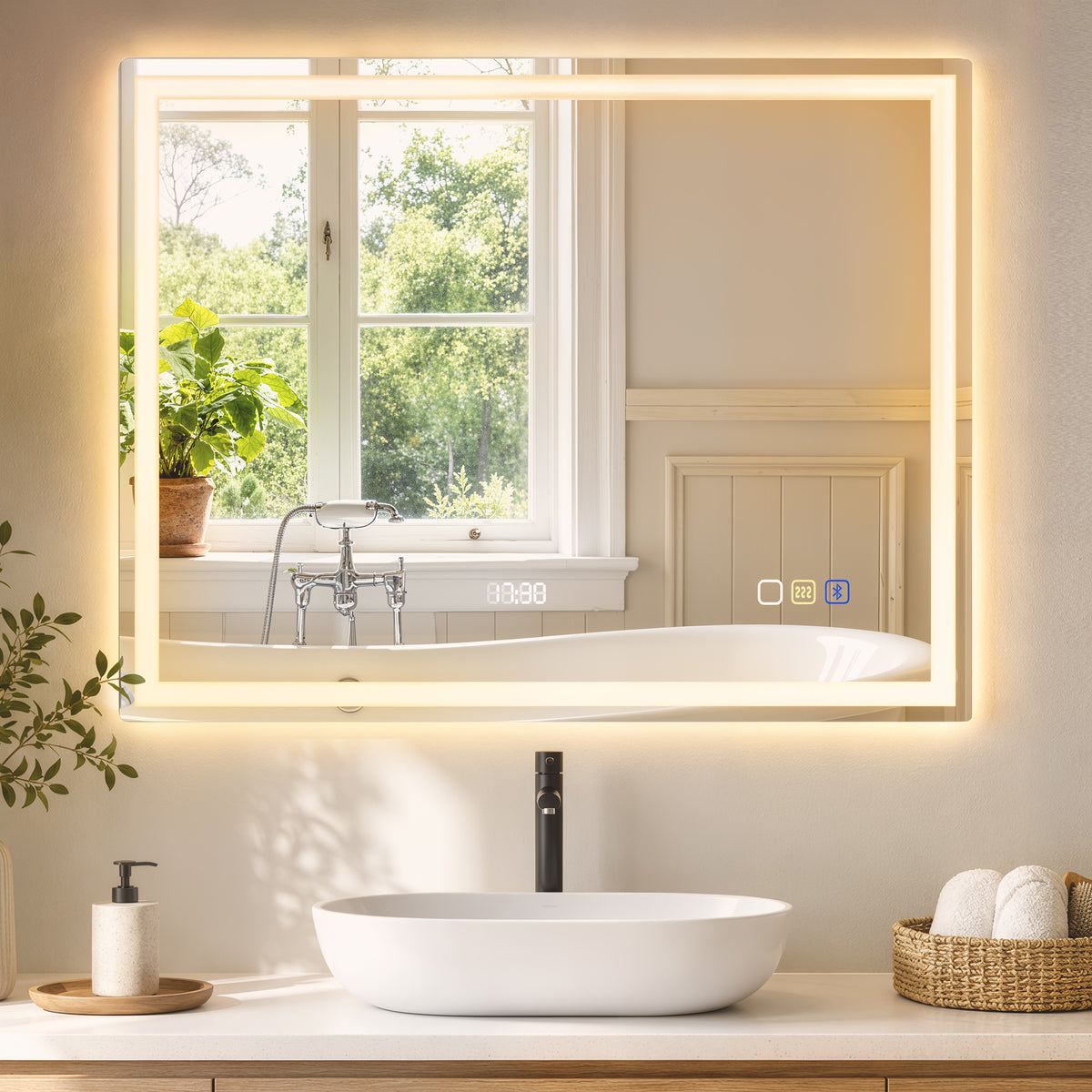 Miroir salle de bain LED bluetooth 90 x 70 cm interrupteur tactile lumière réglable 3 couleurs anti-buée mémoire argent-1