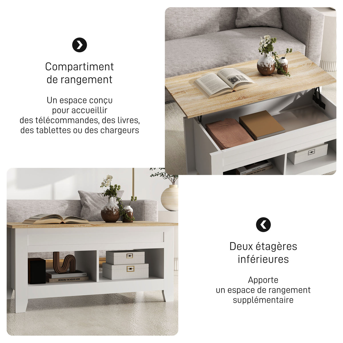 Table basse plateau relevable, table de salon avec étagères et compartiment caché,105 x 50 x 49-62,5 cm blanc-4