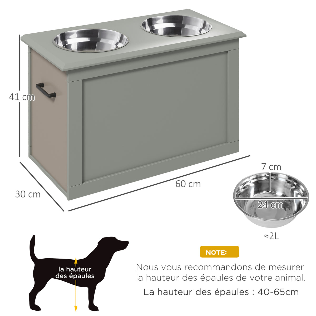 Gamelles chiens surélevées gamelle double chien chat Porte-gamelles surélevé dim. 60L x 30l x 41H cm 2 gamelles 2L poignées coffre bois gris-2