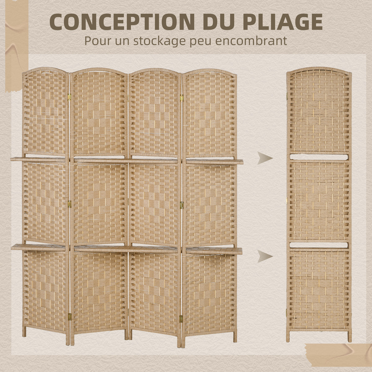 Paravent séparateur de pièce 4 panneaux 160 x170 cm avec 2 étagères, pliable, en bois-3