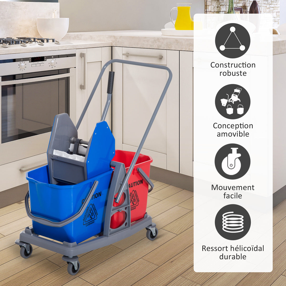 Chariot de lavage chariot de nettoyage professionnel presse à mâchoire 2 seaux 25 L 73L x 45l x 92H cm plastique gris bleu rouge-3