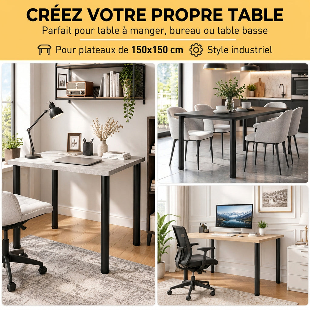Lot de 4 pieds de table en métal, style industriel, avec vis autotaraudeuses et patins réglables, 73 x 6 x 6 cm, noir-4