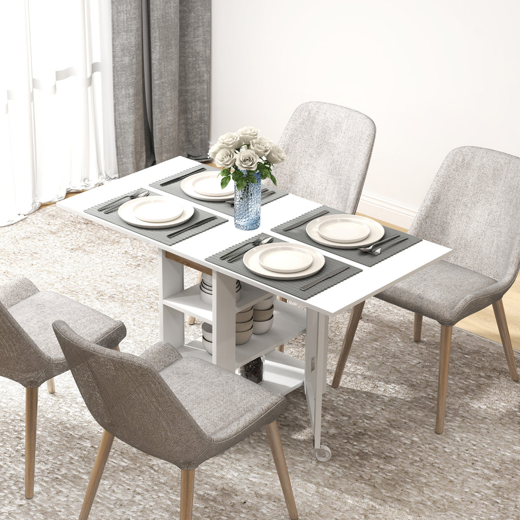 Table à Manger Pliante sur Roulettes, Table de Cuisine pour 2 à 4 Personnes avec Étagères de Rangement, Blanc-1