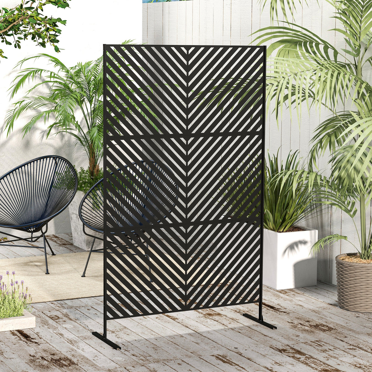 Panneau brise vue décoratif paravent extérieur à motif géométrique ajouré en métal - 122 x 45 x 198 cm, noir-9