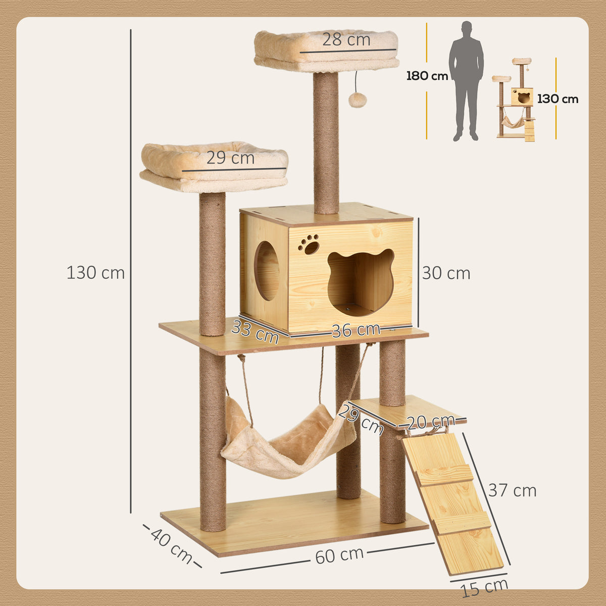 Arbre à chats design contemporain griffoirs grattoirs sisal naturel niche plate-formes hamac boule beige-2