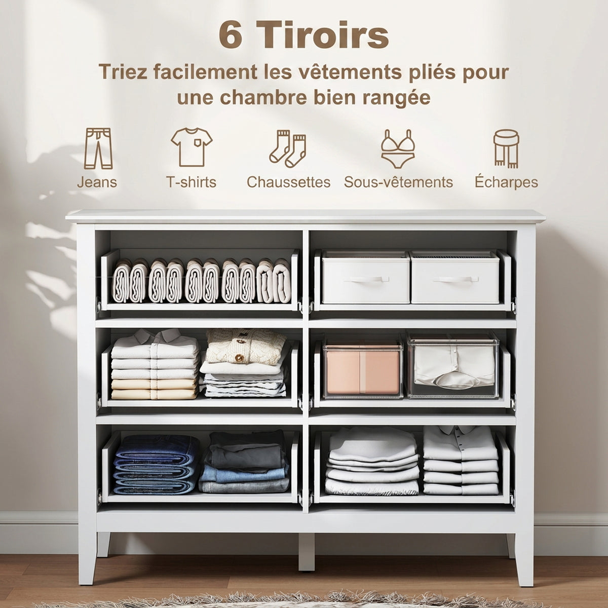 Commode à 6 Tiroirs, Meuble de Rangement, Chiffonnier avec Façades Rainurées, 100 x 40 x 78 cm, Blanc-3