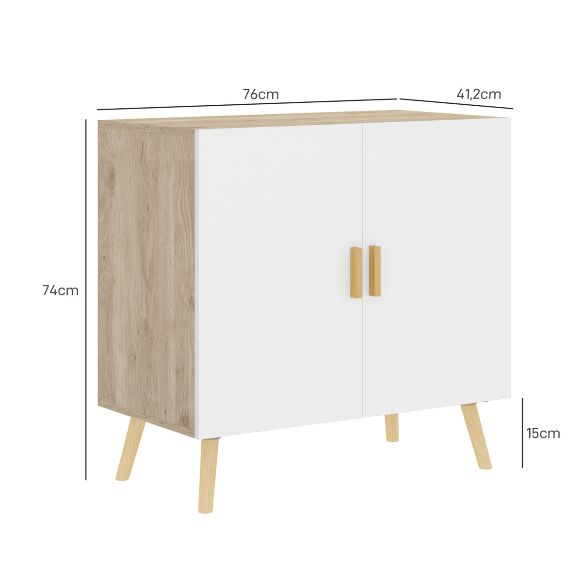 Buffet meuble de rangement avec poignées en bambou étagère ajustable base surélevée 76 x 41,2 x 74 cm blanc bois naturel-2