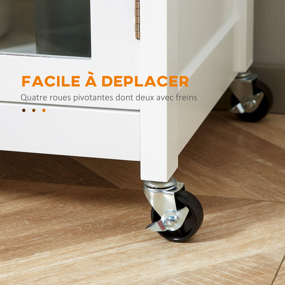 Desserte de cuisine à roulettes multi-rangement - placard porte vitrée avec étagère réglable, tiroir, porte-torchon - blanc aspect chêne clair-4
