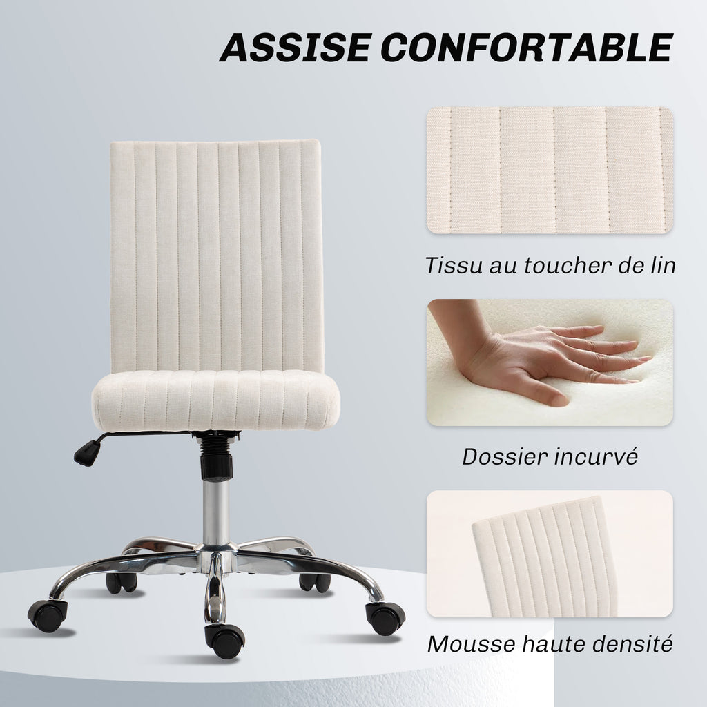 Chaise de bureau sans accoudoirs, fauteuil de bureau, hauteur réglable et pivotant 360°, 43 x 56 x 89-99 cm, crème-3