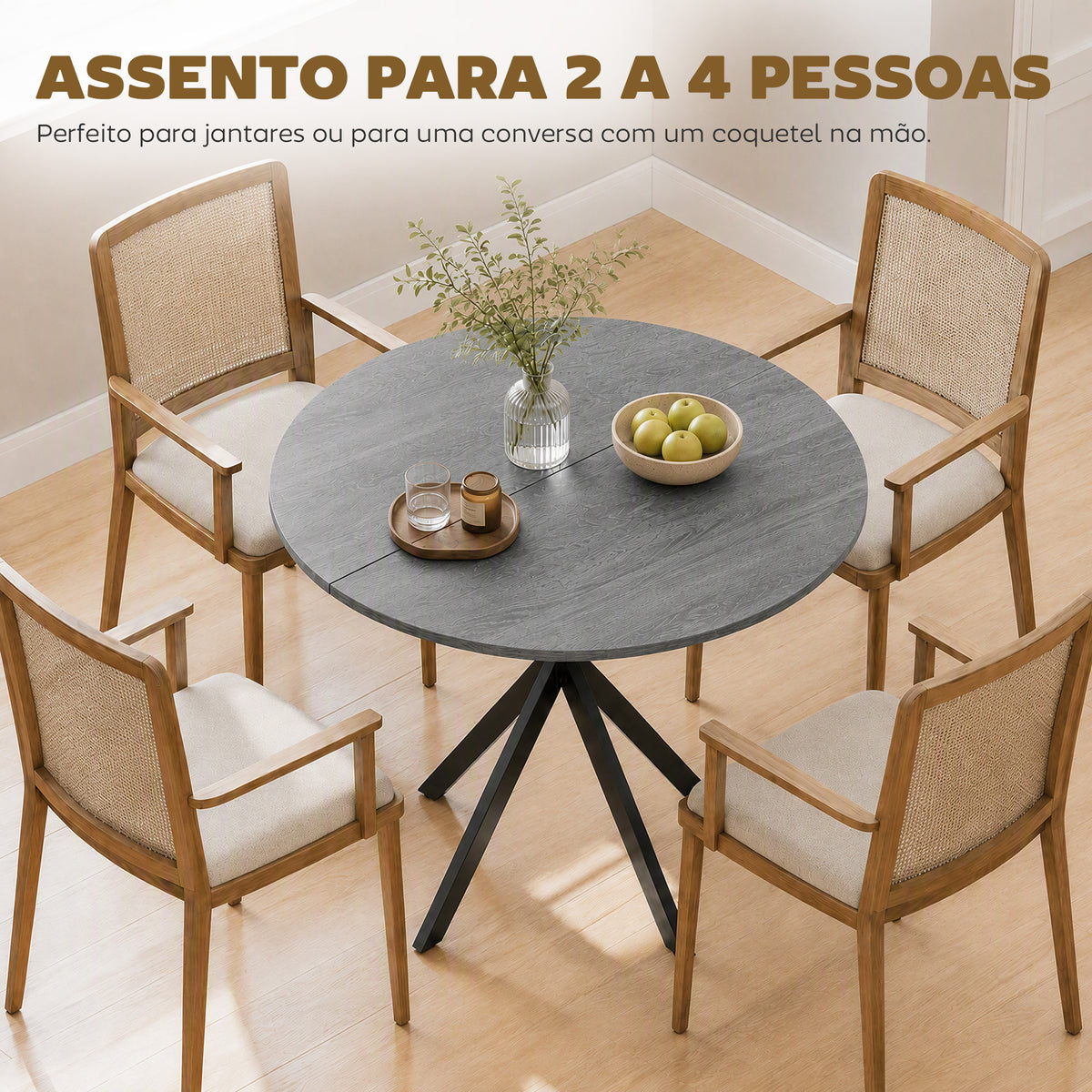 Table à Manger Ronde pour 2 Personnes avec Plateau Aspect Bois et Piètement Croisé en Acier, Gris-3
