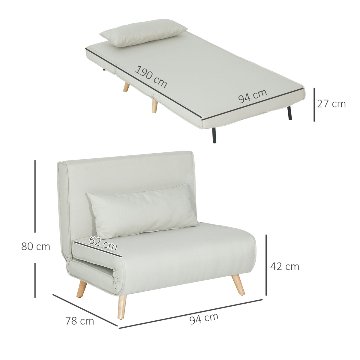 Canapé-lit 1 place avec dossier réglable, coussin inclus et pieds pliables charge 120 kg blanc-2