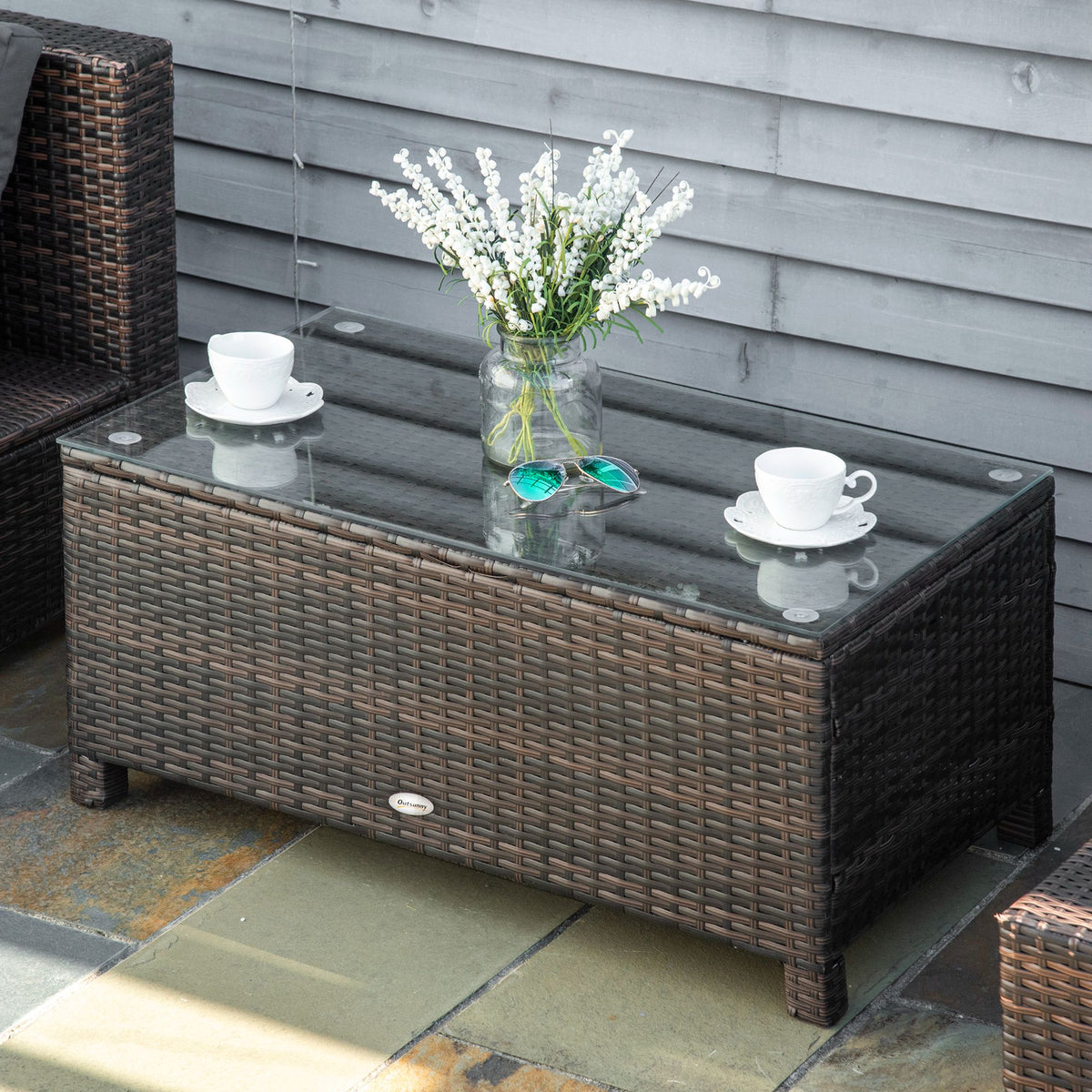 Table Basse de Jardin Plateau Verre trempé 5 mm rotin tressé 85 x 50 x 39cm Max. 50 kg Marron-1