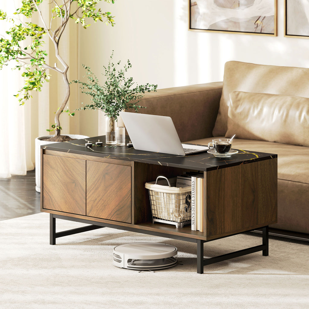 Table basse, table de salon, plateau effet marbre, 2 portes et 2 niches ouvertes, 100 x 50,8 x 45,7 cm, noyer-1