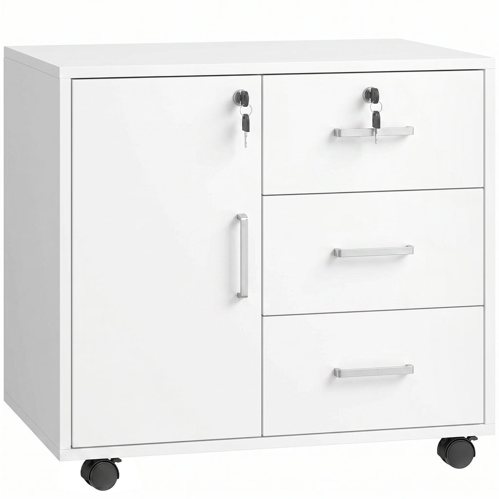 Caisson bureau meuble de rangement verrouillable avec 3 tiroirs et étagère réglable, roulettes, 40 x 60 x 56 cm, blanc-0