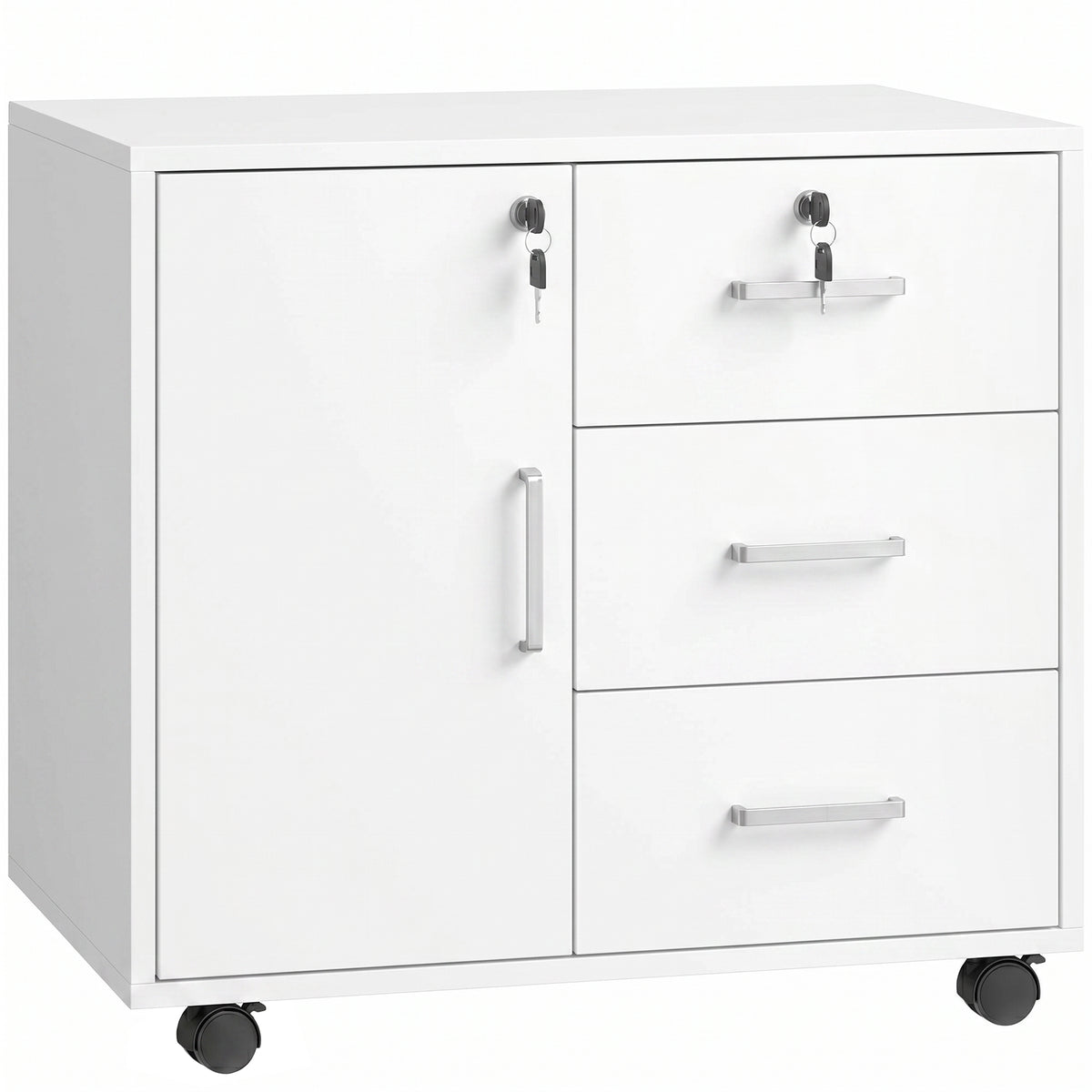 Caisson bureau meuble de rangement verrouillable avec 3 tiroirs et étagère réglable, roulettes, 40 x 60 x 56 cm, blanc-0
